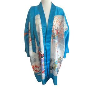 Vintage Jolie Kimono Silk Style Robe Japan OS Blue Print Butterfly Blossoms Belt